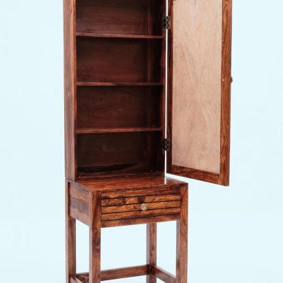 Solid Sheesham wood dressing table with large rectangular mirror and storage drawer, placed in a modern minimalist bedroom with natural lighting.
