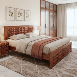 Solid Sheesham wood designer bed featuring a geometric carved headboard and footboard in a modern luxury bedroom