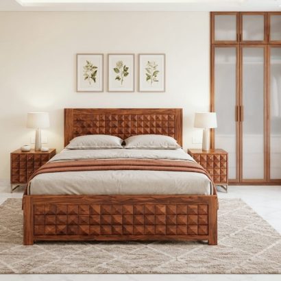 Solid Sheesham wood designer bed featuring a geometric carved headboard and footboard in a modern luxury bedroom
