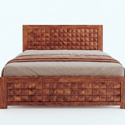 Solid Sheesham wood designer bed featuring a geometric carved headboard and footboard in a modern luxury bedroom