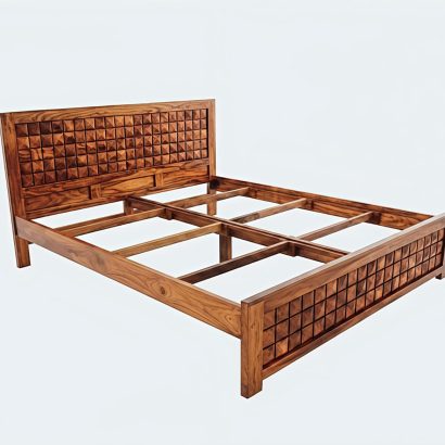 Solid Sheesham wood designer bed featuring a geometric carved headboard and footboard in a modern luxury bedroom