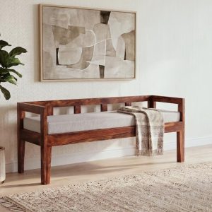 Premium wooden daybed bench with cushion in natural sheesham wood finish.