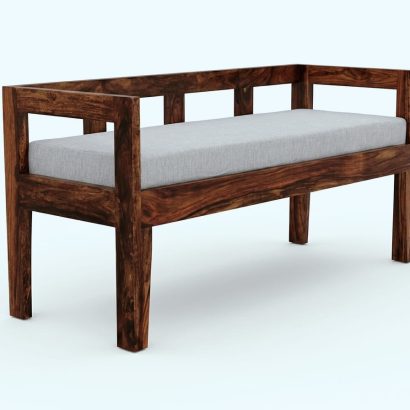 Premium wooden daybed bench with cushion in natural sheesham wood finish.
