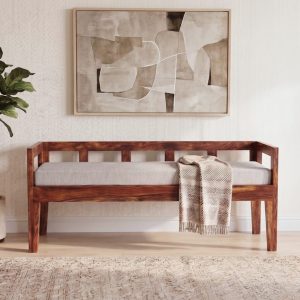 Premium wooden daybed bench with cushion in natural sheesham wood finish.