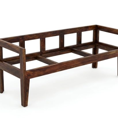Premium wooden daybed bench with cushion in natural sheesham wood finish.