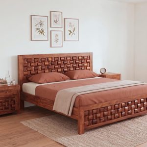 Premium Double Bed Without Storage handcrafted from solid Sheesham wood featuring a designer block pattern headboard and footboard, perfect for modern bedroom interiors