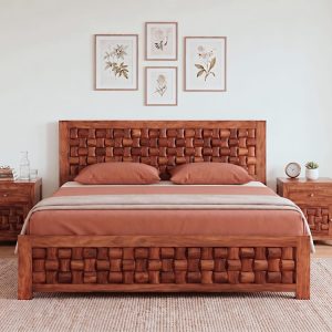 Premium Double Bed Without Storage handcrafted from solid Sheesham wood featuring a designer block pattern headboard and footboard, perfect for modern bedroom interiors