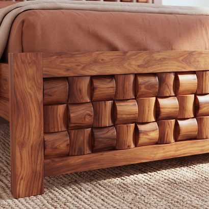 Premium Double Bed Without Storage handcrafted from solid Sheesham wood featuring a designer block pattern headboard and footboard, perfect for modern bedroom interiors