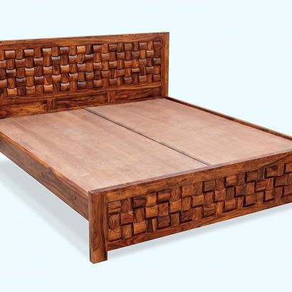 Premium Double Bed Without Storage handcrafted from solid Sheesham wood featuring a designer block pattern headboard and footboard, perfect for modern bedroom interiors
