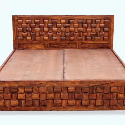 Premium Double Bed Without Storage handcrafted from solid Sheesham wood featuring a designer block pattern headboard and footboard, perfect for modern bedroom interiors