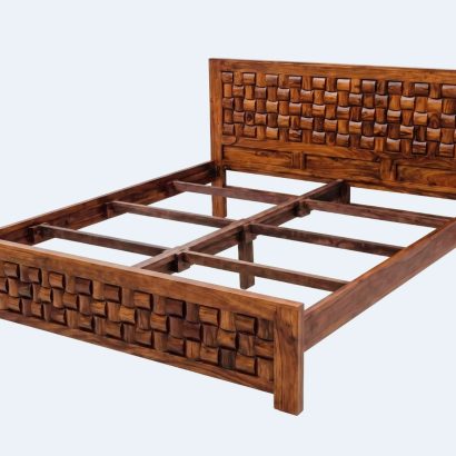 Premium Double Bed Without Storage handcrafted from solid Sheesham wood featuring a designer block pattern headboard and footboard, perfect for modern bedroom interiors