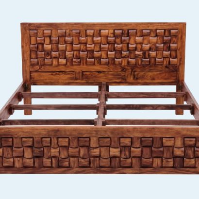 Premium Double Bed Without Storage handcrafted from solid Sheesham wood featuring a designer block pattern headboard and footboard, perfect for modern bedroom interiors