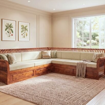 Solid Sheesham Wood L Shape Sofa with Curved Wooden Back for Living Room