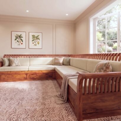 Solid Sheesham Wood L Shape Sofa with Curved Wooden Back for Living Room