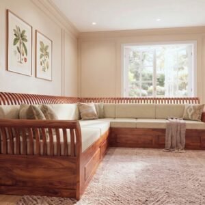 Solid Sheesham Wood L Shape Sofa with Curved Wooden Back for Living Room