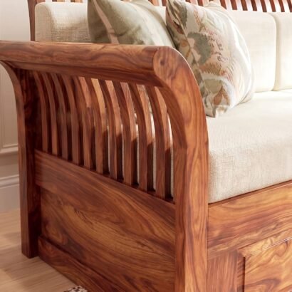 Solid Sheesham Wood L Shape Sofa with Curved Wooden Back for Living Room