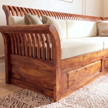 Solid Sheesham Wood L Shape Sofa with Curved Wooden Back for Living Room
