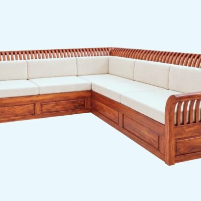 Solid Sheesham Wood L Shape Sofa with Curved Wooden Back for Living Room