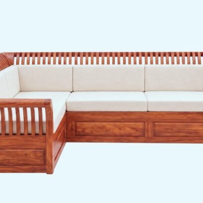 Solid Sheesham Wood L Shape Sofa with Curved Wooden Back for Living Room