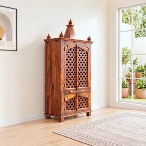 Solid wood pooja mandir with storage, jaali doors and diya cutting