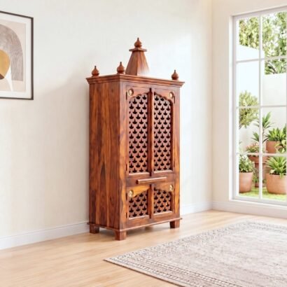 Solid wood pooja mandir with storage, jaali doors and diya cutting