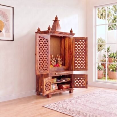 Solid wood pooja mandir with storage, jaali doors and diya cutting