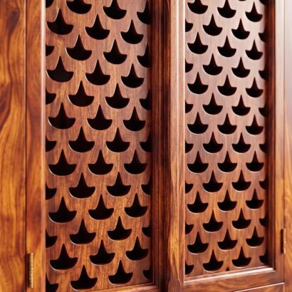 Solid wood pooja mandir with storage, jaali doors and diya cutting