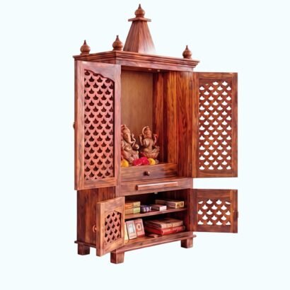 Solid wood pooja mandir with storage, jaali doors and diya cutting