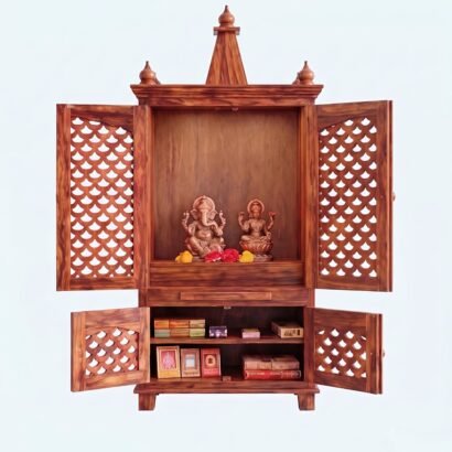 Solid wood pooja mandir with storage, jaali doors and diya cutting