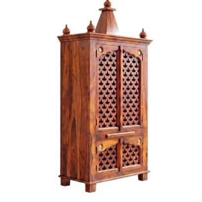 Solid wood pooja mandir with storage, jaali doors and diya cutting