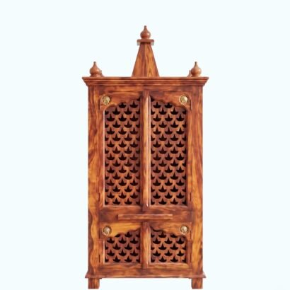 Solid wood pooja mandir with storage, jaali doors and diya cutting