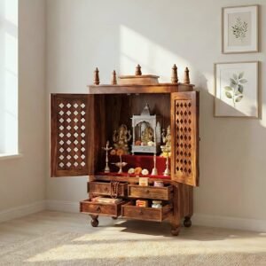 Solid Sheesham Wood Pooja Mandir with Jaali Doors and Drawers