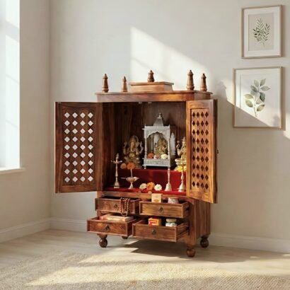 Solid Sheesham Wood Pooja Mandir with Jaali Doors and Drawers