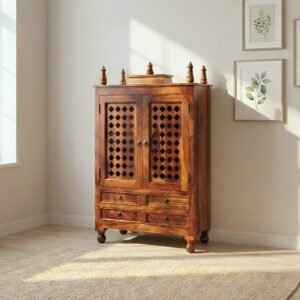 Solid Sheesham Wood Pooja Mandir with Jaali Doors and Drawers