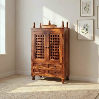 Solid Sheesham Wood Pooja Mandir with Jaali Doors and Drawers