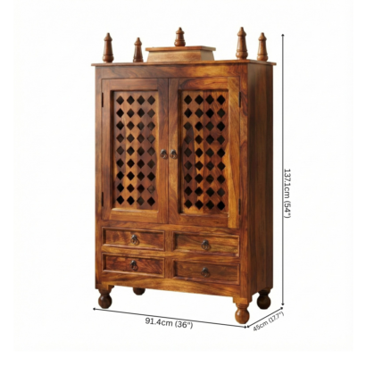 Solid Sheesham Wood Pooja Mandir with Jaali Doors and Drawers