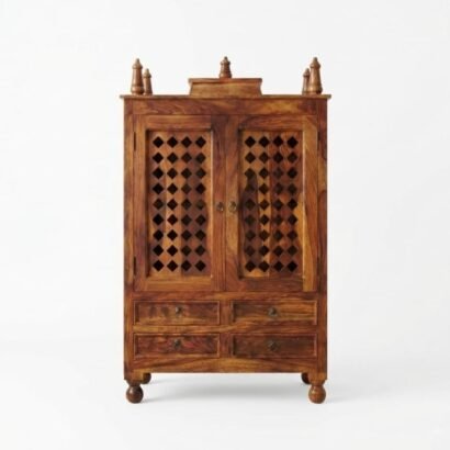 Solid Sheesham Wood Pooja Mandir with Jaali Doors and Drawers