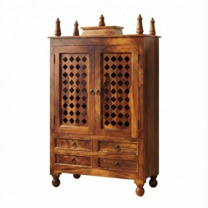 Solid Sheesham Wood Pooja Mandir with Jaali Doors and Drawers