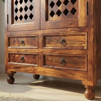 Solid Sheesham Wood Pooja Mandir with Jaali Doors and Drawers