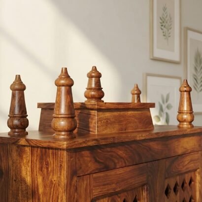 Solid Sheesham Wood Pooja Mandir with Jaali Doors and Drawers