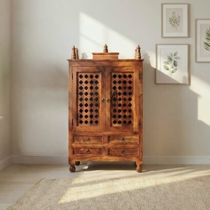 Solid Sheesham Wood Pooja Mandir with Jaali Doors and Drawers