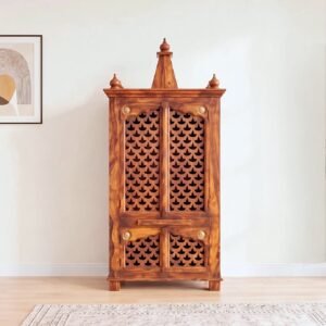 Solid wood pooja mandir with storage, jaali doors and diya cutting