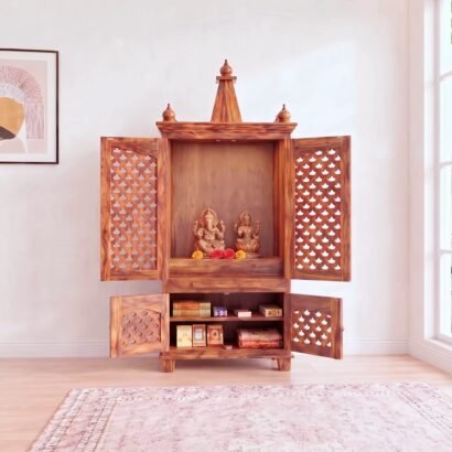 Solid wood pooja mandir with storage, jaali doors and diya cutting