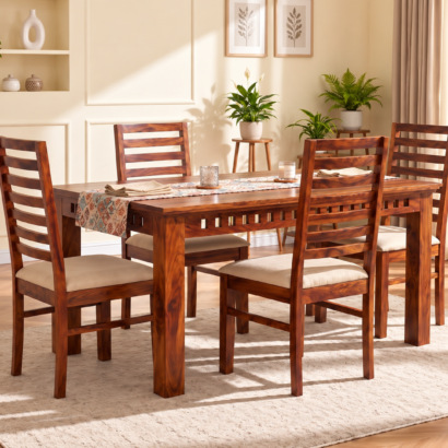 4 Seater Wooden Dining table set with beige cushioned chairs