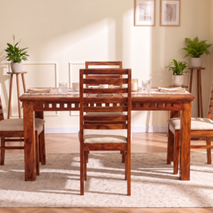 4 Seater Wooden Dining table set with beige cushioned chairs