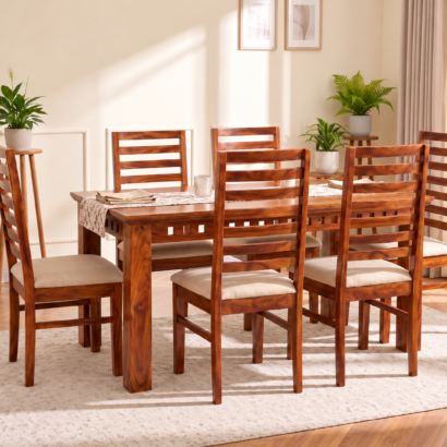 4 Seater Wooden Dining table set with beige cushioned chairs