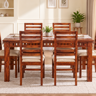 4 Seater Wooden Dining table set with beige cushioned chairs
