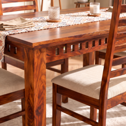 4 Seater Wooden Dining table set with beige cushioned chairs