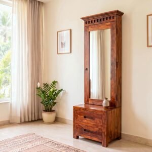 Wooden dressing table with tall mirror, two drawers and rich brown wood finish