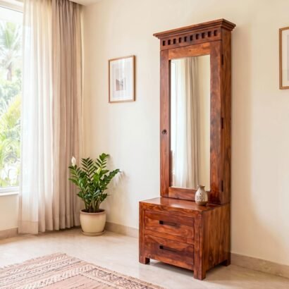 Wooden dressing table with tall mirror, two drawers and rich brown wood finish